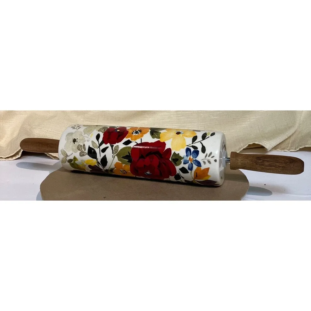 Pioneer Woman RETIRED ceramic Rolling Pin Fall Flowers Autumn Harvest Floral